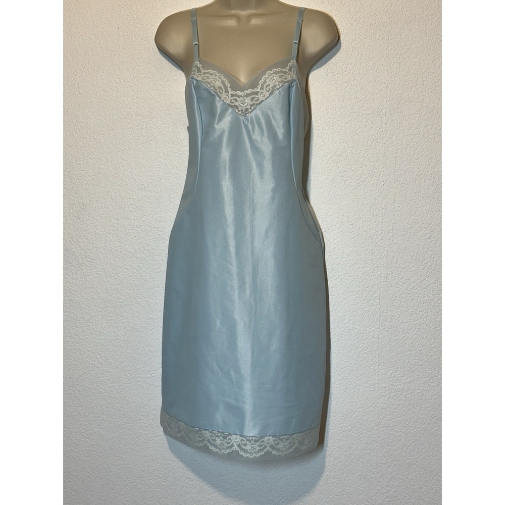 Vtg 70s Hensen Kickernick Blue‎ Slip Dress Size 34 Lingerie Lace Trim Coquette